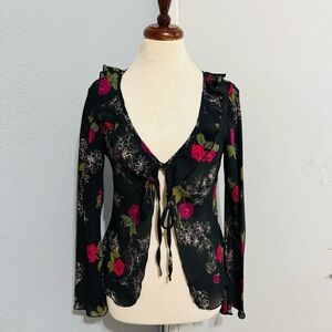 Connected Apparel Floral Black Wide Sleeves Lightweight Tie Front Cardigan 8